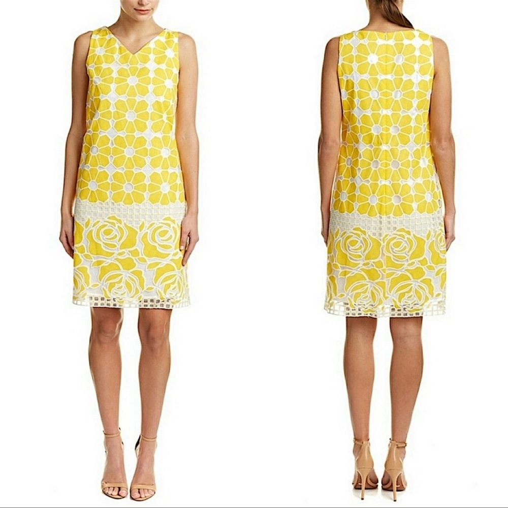 j mclaughlin yellow white dress sheath size 4 sleeveless shift